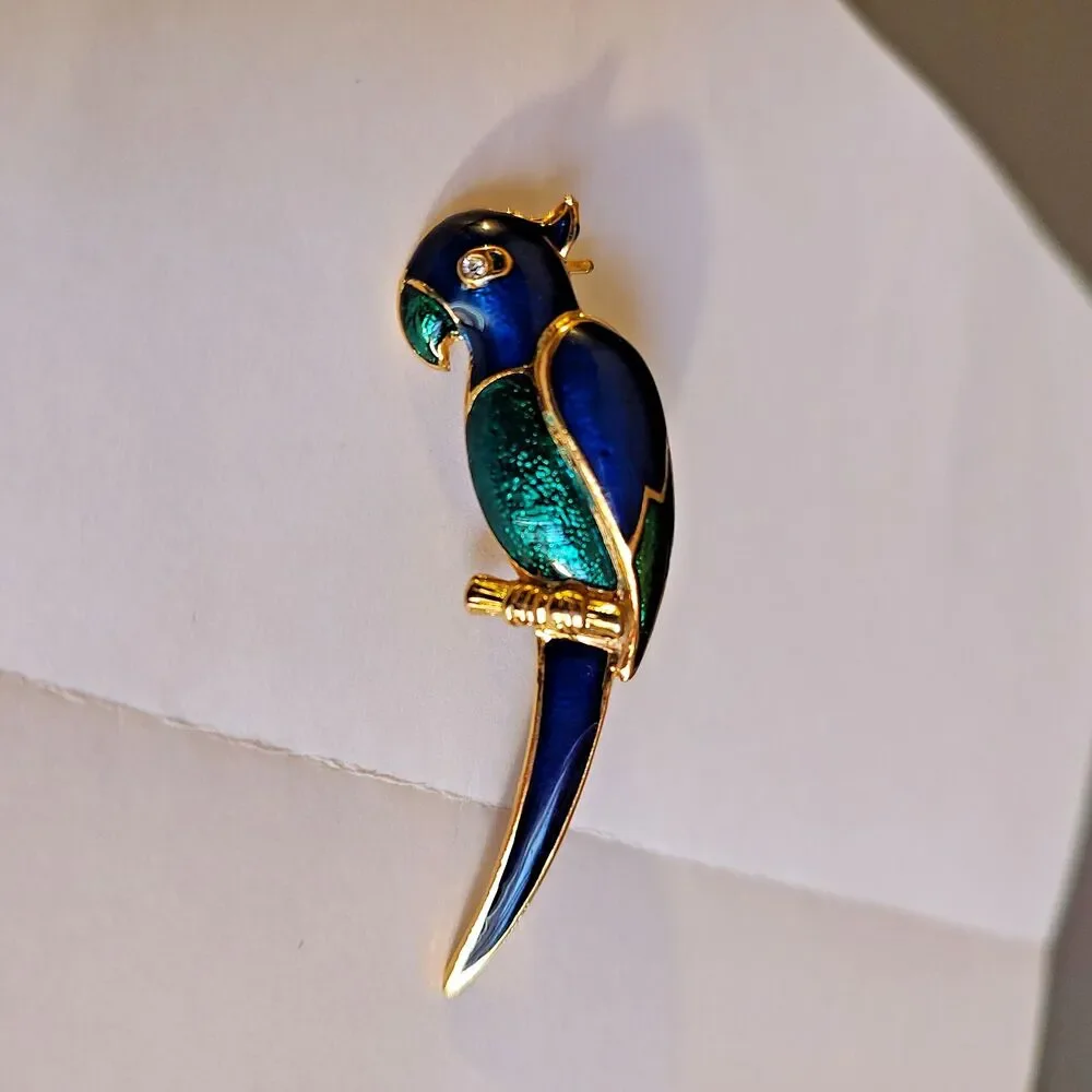 VTG Style Gold Tone Metal Blue Green Enamel Rhinestone Parrot Bird Brooch Pin